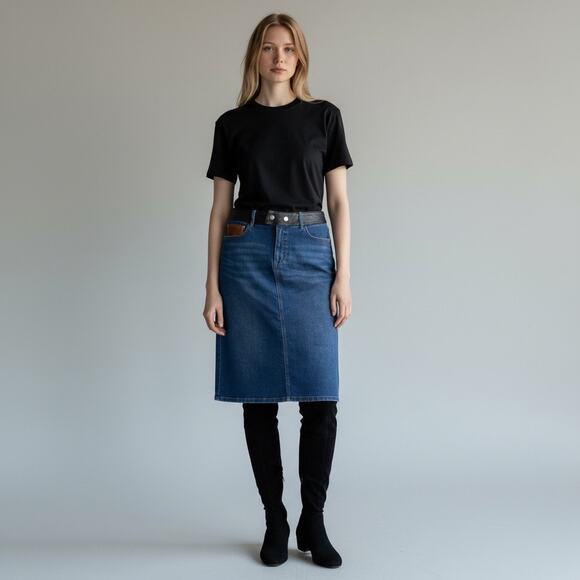 EST 1946 Blue Denim Skirt Size 14 Mid Length street chic Leather Trim Pockets - Picture 2 of 7
